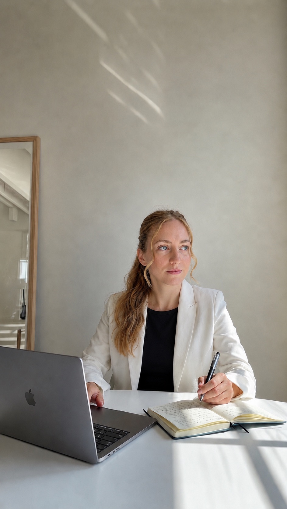 Carina Pflug am Laptop bei der Content-Planung